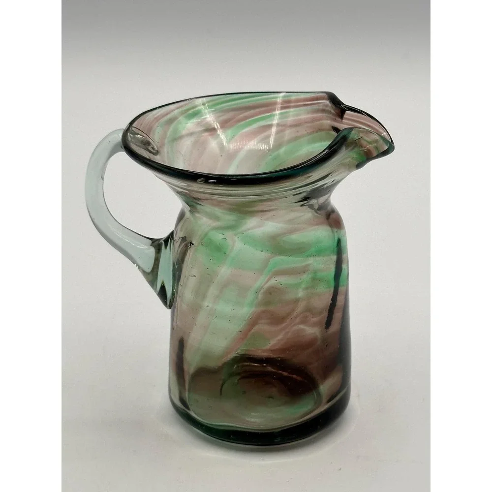 Vintage Hand-Blown Swirled Green Pink Art Glass Creamer Pitcher